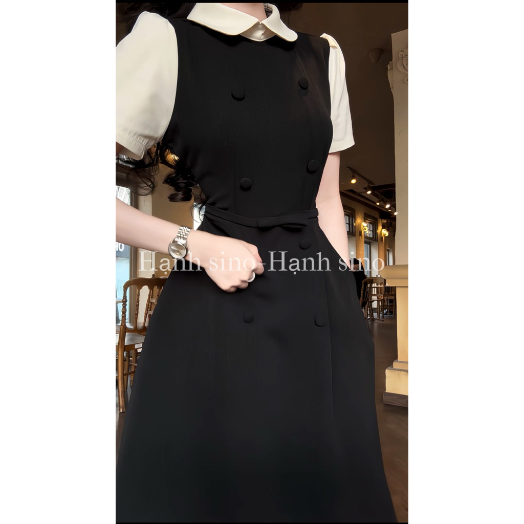 Hạnh sino.97  Vay đen cổ sen mix tay kem đậm dáng dài tay cộ