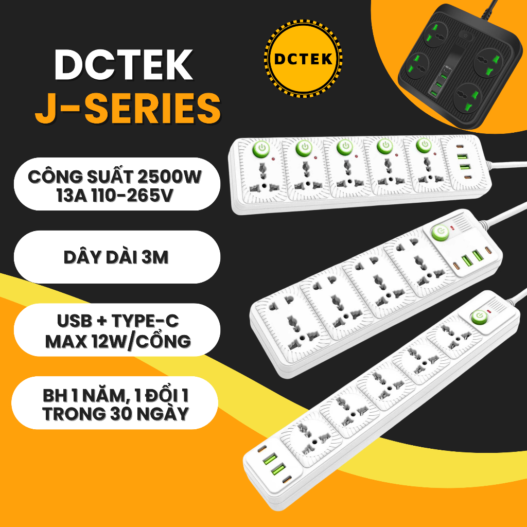 DCTEK J-SERI Ổ cắm điện đa năng có sạc TypeC USB dây dài 3m Bảo hành 1 năm, 1 đổi 1 trong 30 ngày
