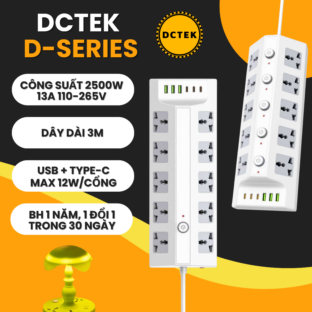DCTEK Ổ Tam giác D Seri Đa năng có cổng sạc USB TypeC 1 đổi 1 trong 30 ngày và bảo hành 1 năm