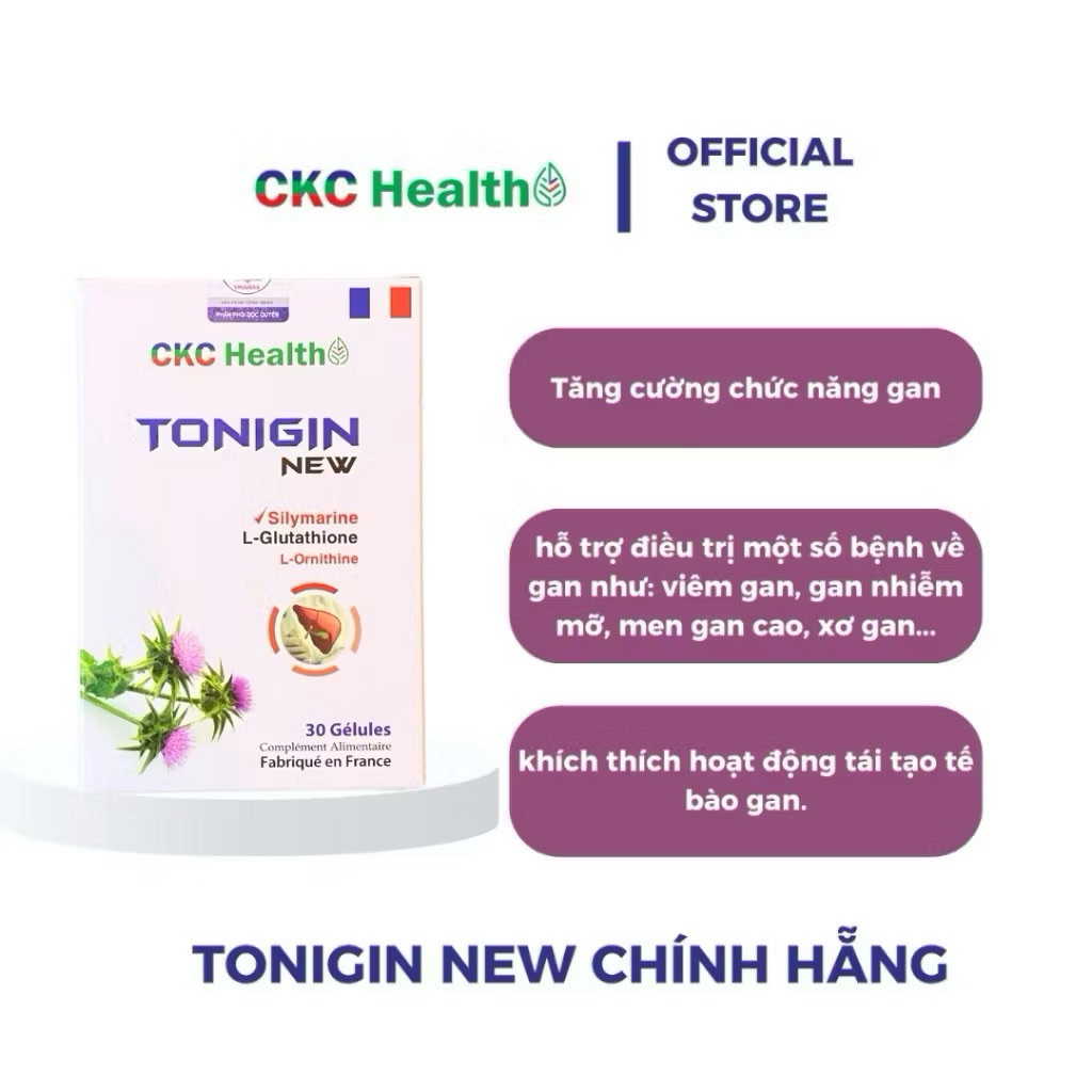 Viên uống bổ gan Tonigin New, L-Glutathion, Silymarin kế sữa, L-Ornithin Hộp 60v Nhập Khẩu Pháp