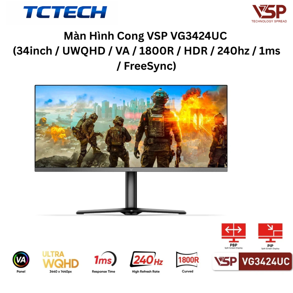 Màn Hình Cong VSP VG3424UC (34inch  UWQHD  VA  1800R  HDR  240hz  1ms  FreeSync) Chính Hãng