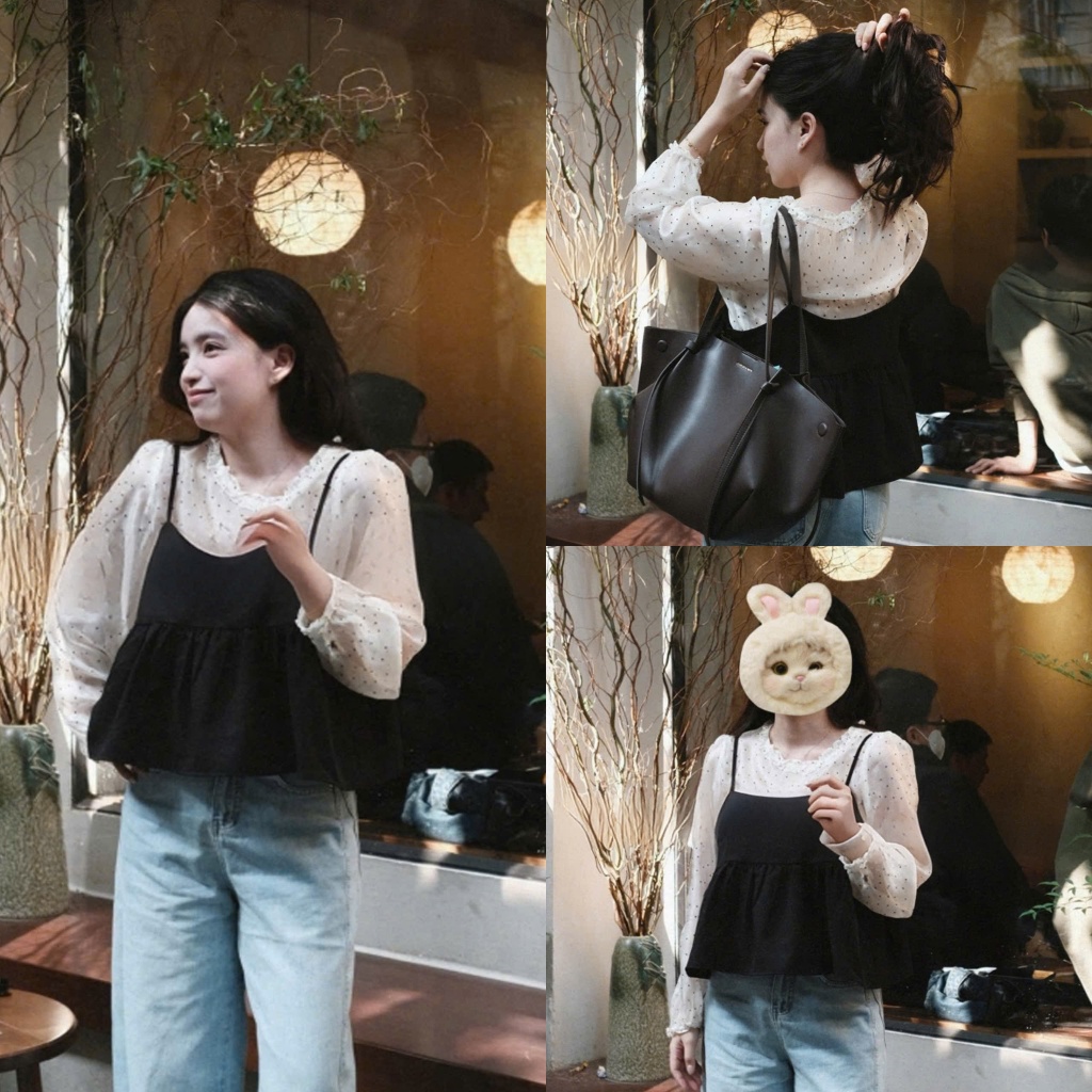 (Hàng Shop): Set Áo Voan Chấm Bi Cổ Bèo Mix 2 Dây Đen Dáng Baby Doll Cực Xinh Yêu -Ảnh Thật Lollaye