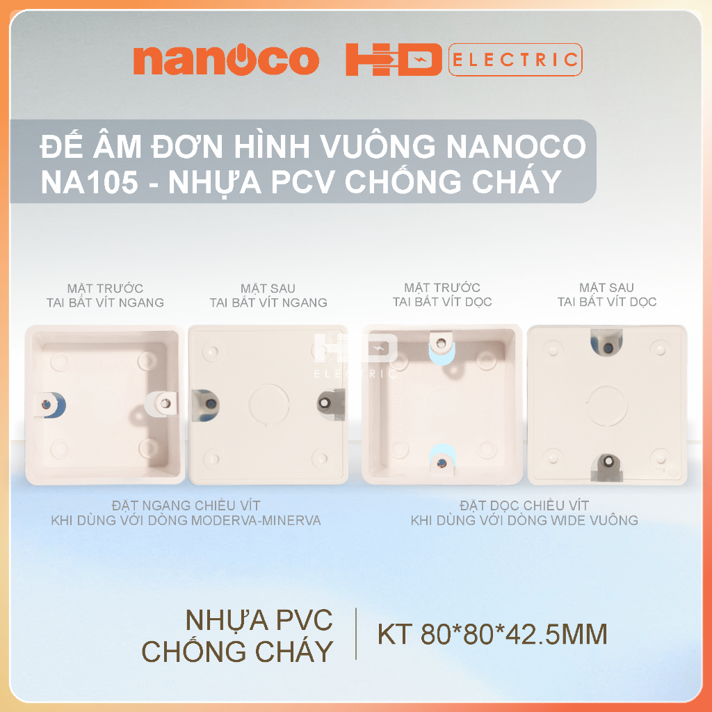 Đế Âm đơn Vuông Nanoco NA105 nhựa PVC chống cháy dùng với mặt vuông