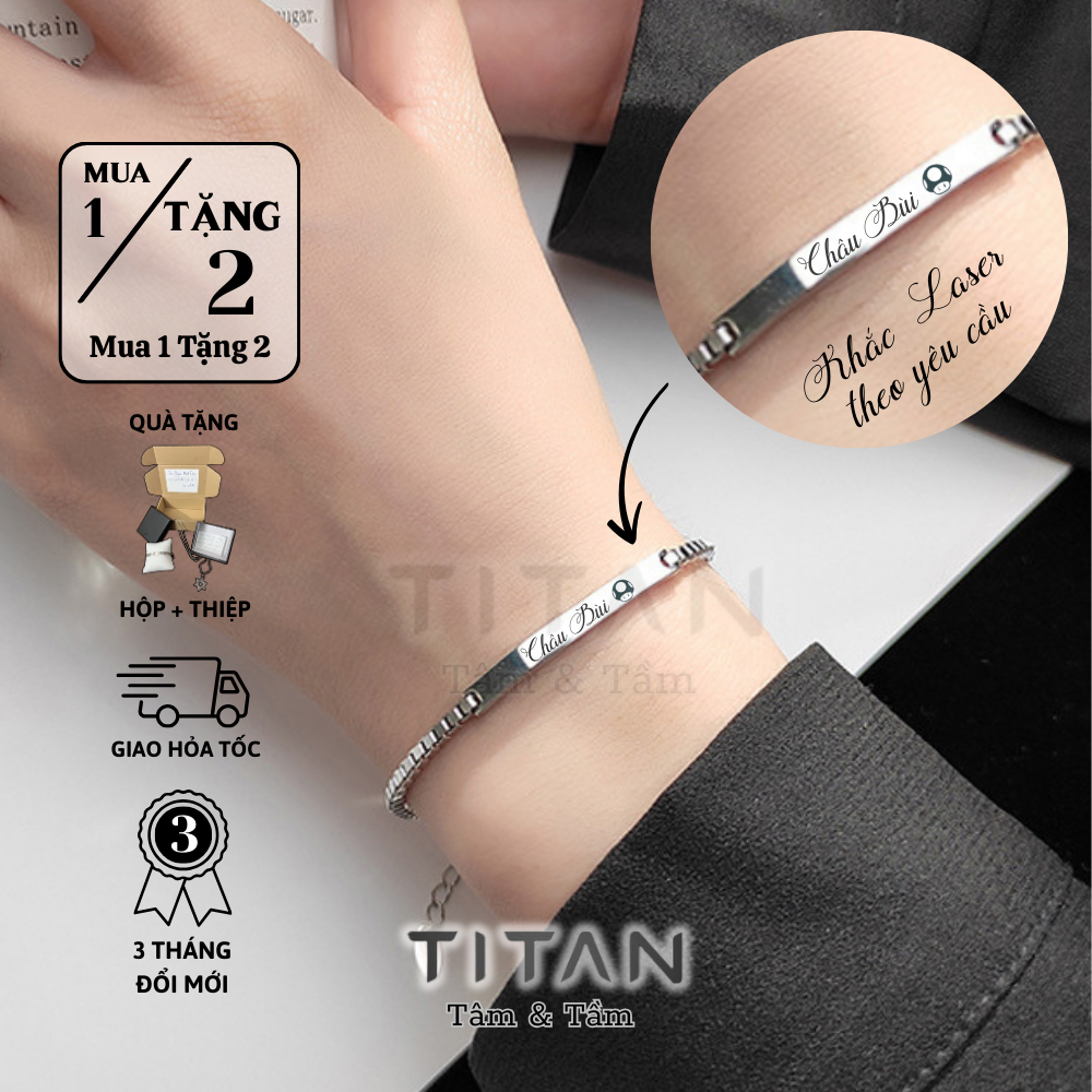 Vòng tay đôi nam nữ Khắc Tên theo yêu cầu, lắc tay vuông quà tặng tình yêu màu bạc 925 không gỉ couple unisex Titan