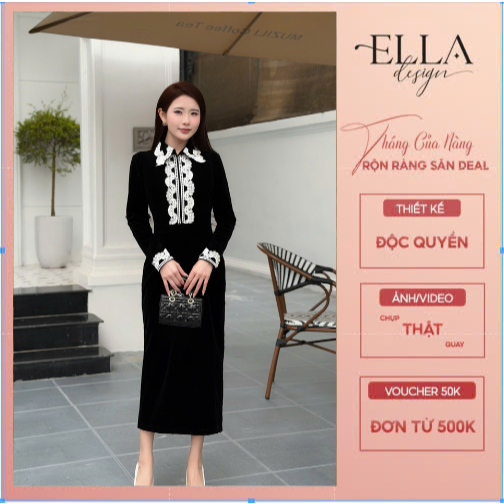 Váy Đầm Liền Thiết Kế Ella Desgin cho nữ kiểu dáng váy bút chì, cổ bẻ phối ren thêu chỉ trắng tạo đi
