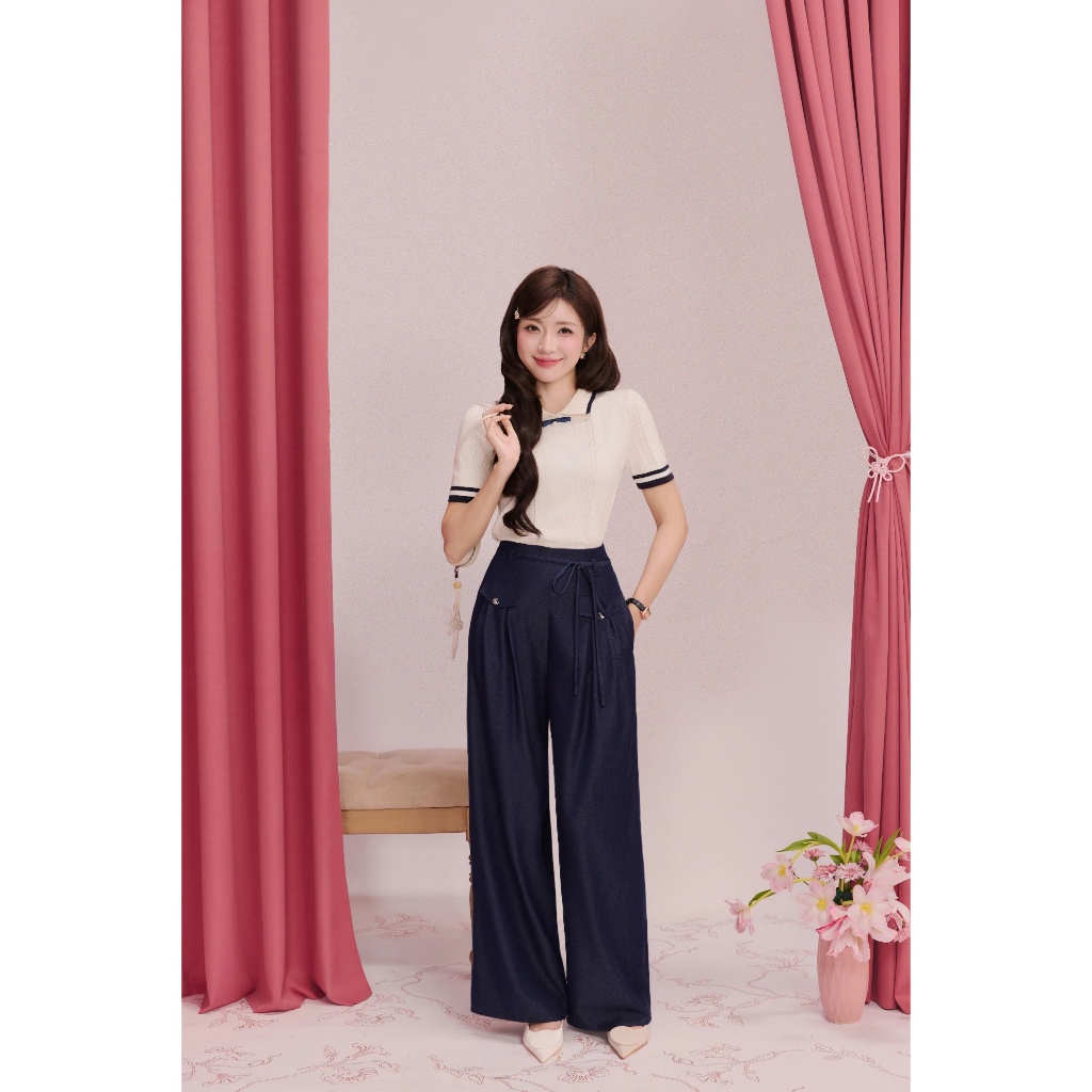 (Re:Spring) Áo len dệt kim cổ viền đen đính nơ rời, chất len mịn, mướt thanh lịch thời trang Calie AKDK217 | BigBuy360 - bigbuy360.vn