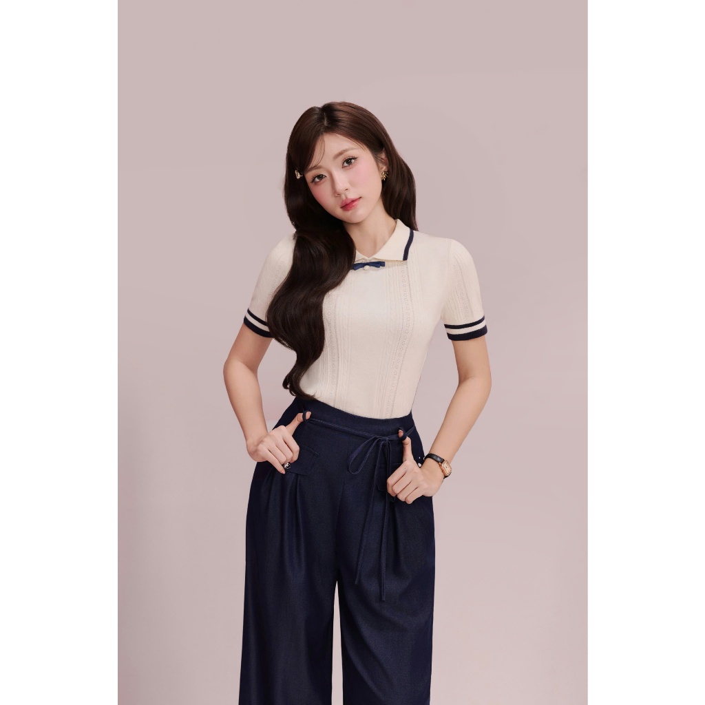 (Re:Spring) Áo len dệt kim cổ viền đen đính nơ rời, chất len mịn, mướt thanh lịch thời trang Calie AKDK217 | BigBuy360 - bigbuy360.vn