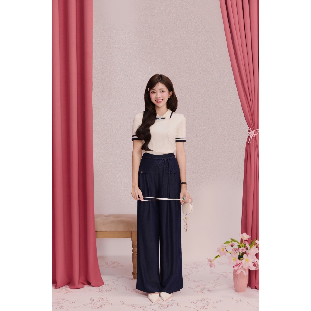 (Re:Spring) Áo len dệt kim cổ viền đen đính nơ rời, chất len mịn, mướt thanh lịch thời trang Calie AKDK217 | BigBuy360 - bigbuy360.vn