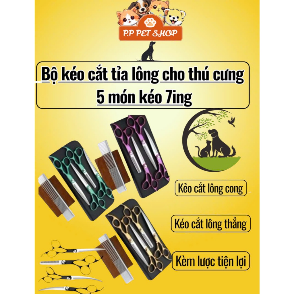 Bộ kéo cắt tỉa lông cho Thú Cưng 5 món Bộ dụng cụ kéo cắt lông cong và cắt lông thẳng kèm Lược