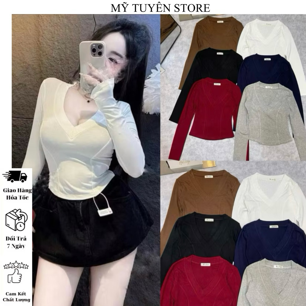 MTS01- Áo Thun Tay Dài Cổ Tim From Ngắn Ôm Siết Tôn Dáng , Chất Thun Borip Mềm Mịn