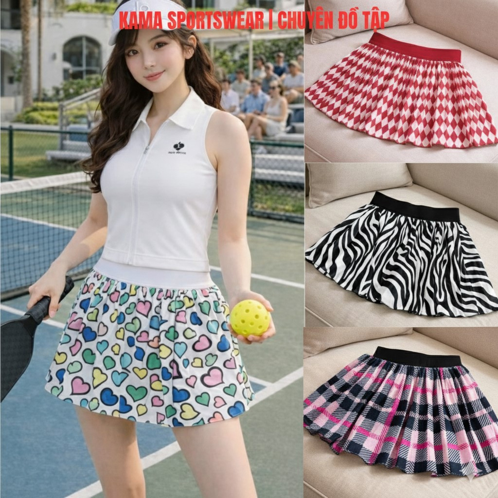 Chân váy pickleball nữ Kama sport CV57, chân váy hoạ tiết chất von tập pickleball, tennis, aerobic