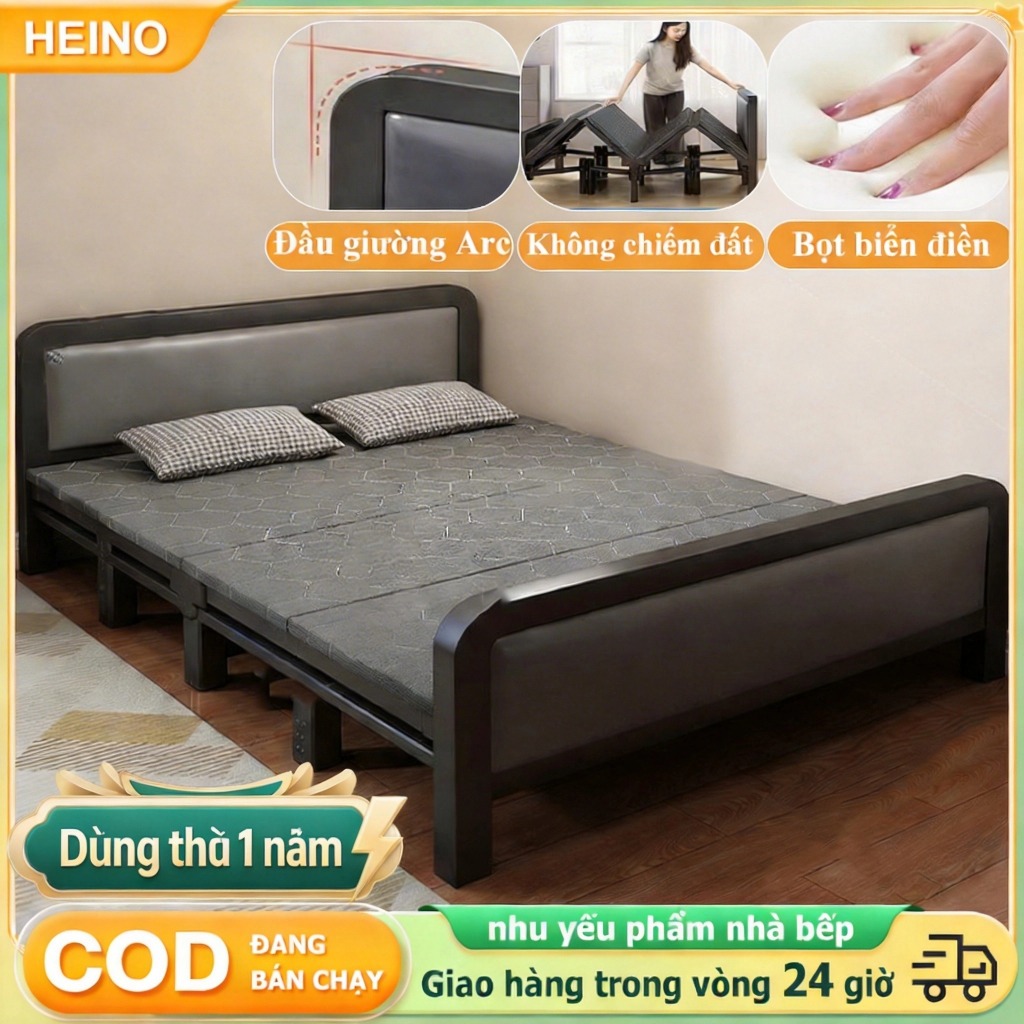 𝑯𝑬𝑰𝑵𝑶 Giường Gấp Khung Thép Cao Cấp Gấp Gọn 4Khúc Chắc Chắn Giường Gấp Gọn Nhẹ Đệm Đầu Giường Da Mềm
