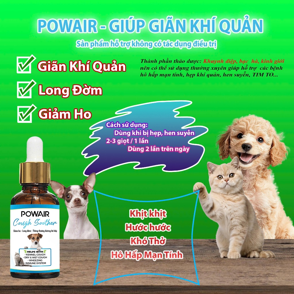 POWAIR hỗ trợ giãn khí quản, giảm ho,long đờm, nghẹt mũi ở CHÓ MÈO
