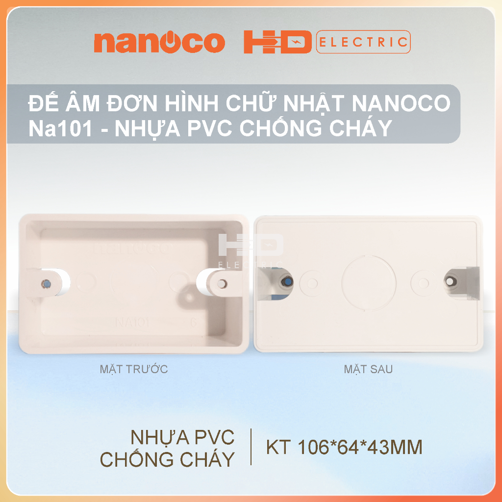Đế Âm Đơn Chữ nhật Nanoco NA101 nhựa PVC chống cháy dùng với mặt chữ nhật