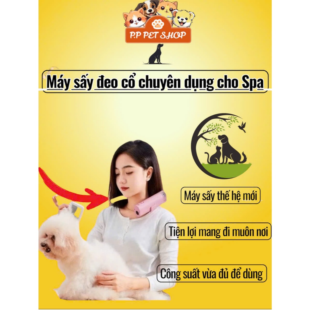 máy sấy đeo cổ chuyên dụng spa cho thú cưng ( 1400w giảm 80% tiếng ồn ) giúp thú cưng ko bị sợ hãi