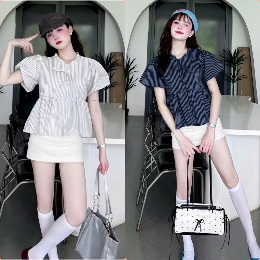 Áo nữ Babydoll tay bồng cổ bèo thắt nơ xinh A14