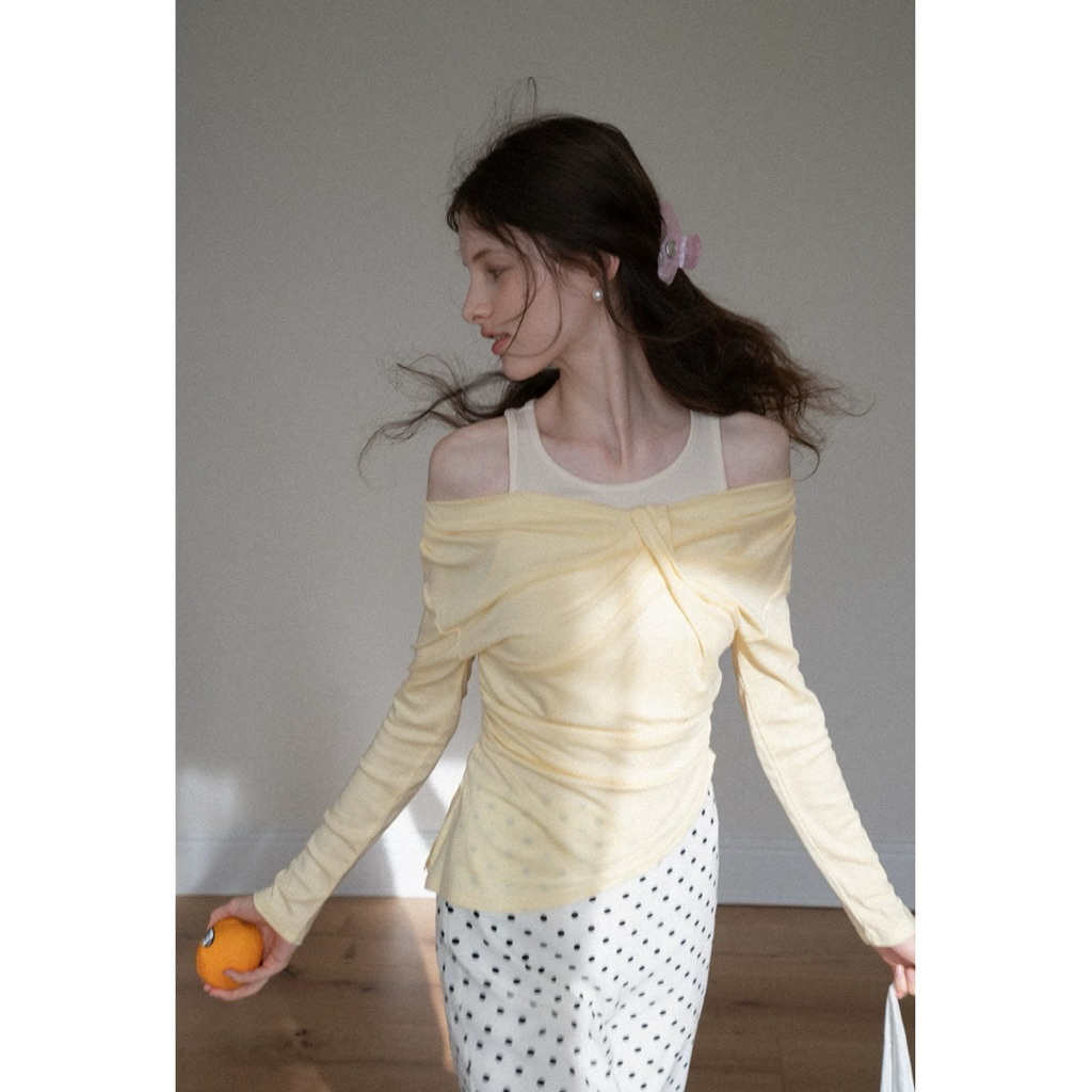 [EGGKA] Áo thun tay dài layer xoắn eo