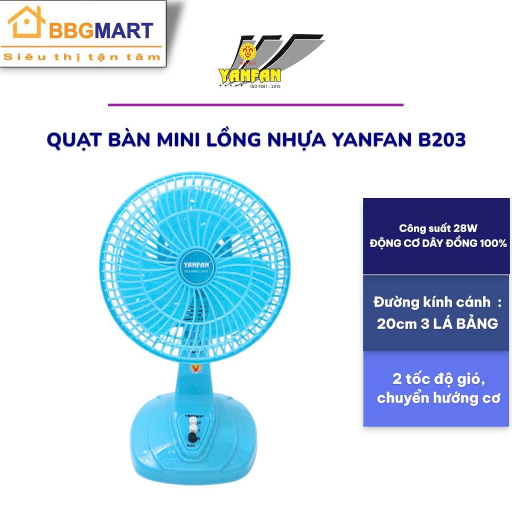 QUẠT BÀN MINI YANFAN ĐỘNG CƠ DÂY ĐỒNG 28W SẢI CÁNH 200MM BẢNG LỚN - BH 36 THÁNG II SENKO B102