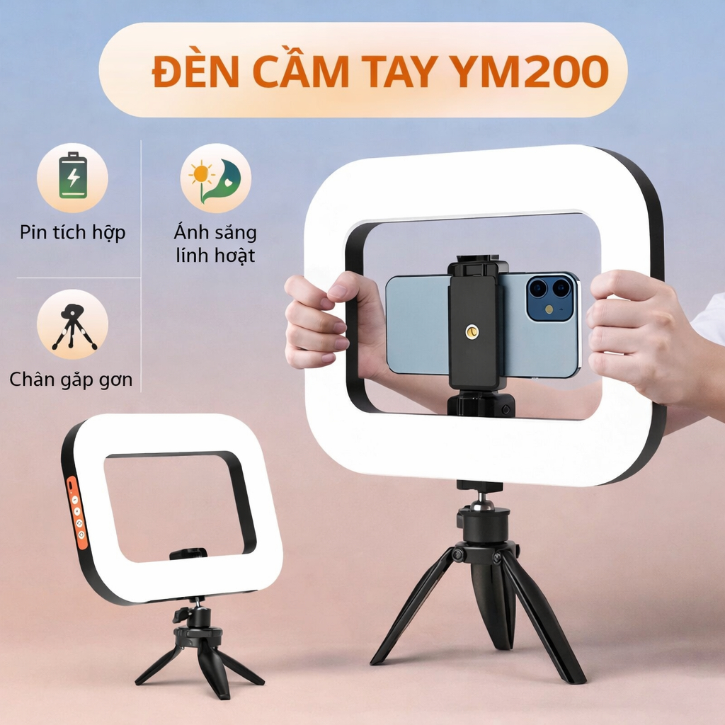 Đèn Livestream Cầm Tay YM200 Di Động Tích Hợp Giá Đỡ Điện Thoại Hỗ Trợ Quay Video