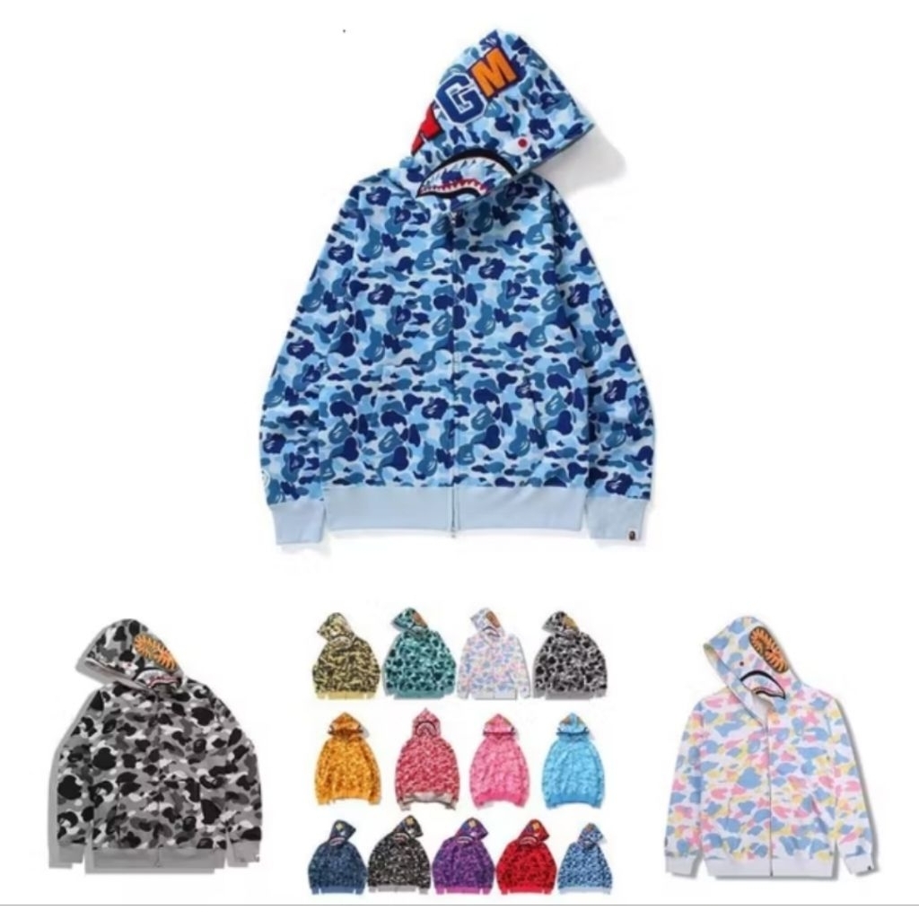 BAPE Áo Khoác Hoodie Họa Tiết Đầu Cá Mập, Áo khoác mũ trùm có dây kéo loại mịn đẹp (E)