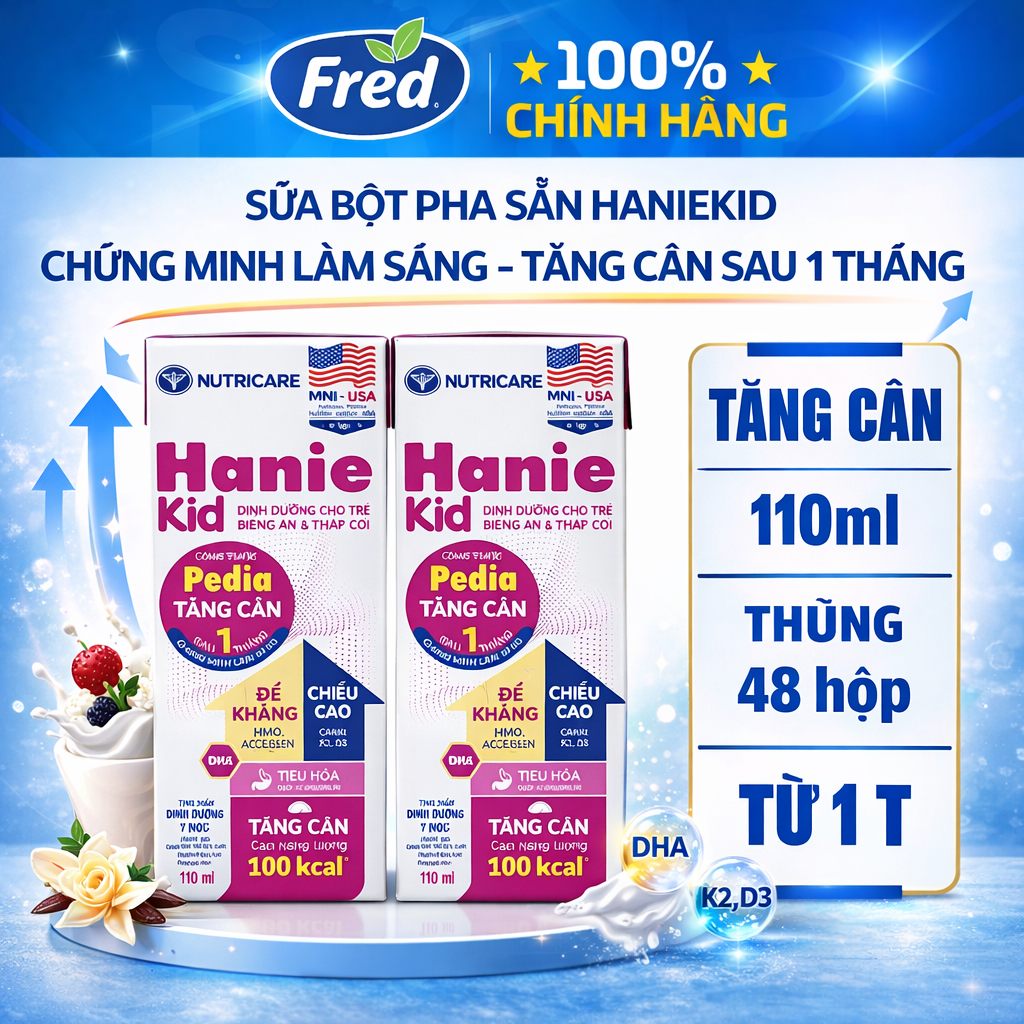 Thùng 48 hộp sữa bột pha sẵn Nutricare Hanie Kid cho trẻ biếng ăn suy dinh dưỡng (110ml)