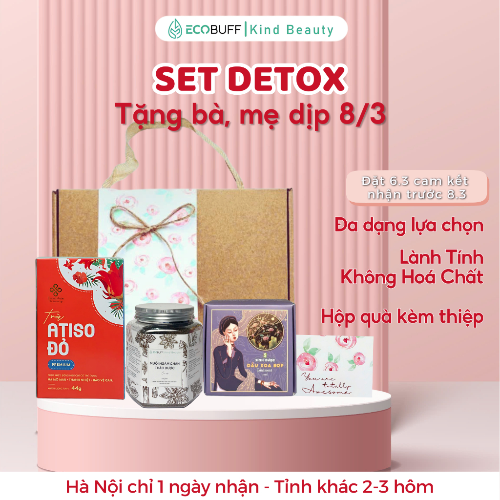 Quà 20/10 8/3 cho bà cho mẹ Ecobuff - Set quà gồm Muối ngâm chân thảo dược, Túi chườm, Dầu xoa bóp, Trà