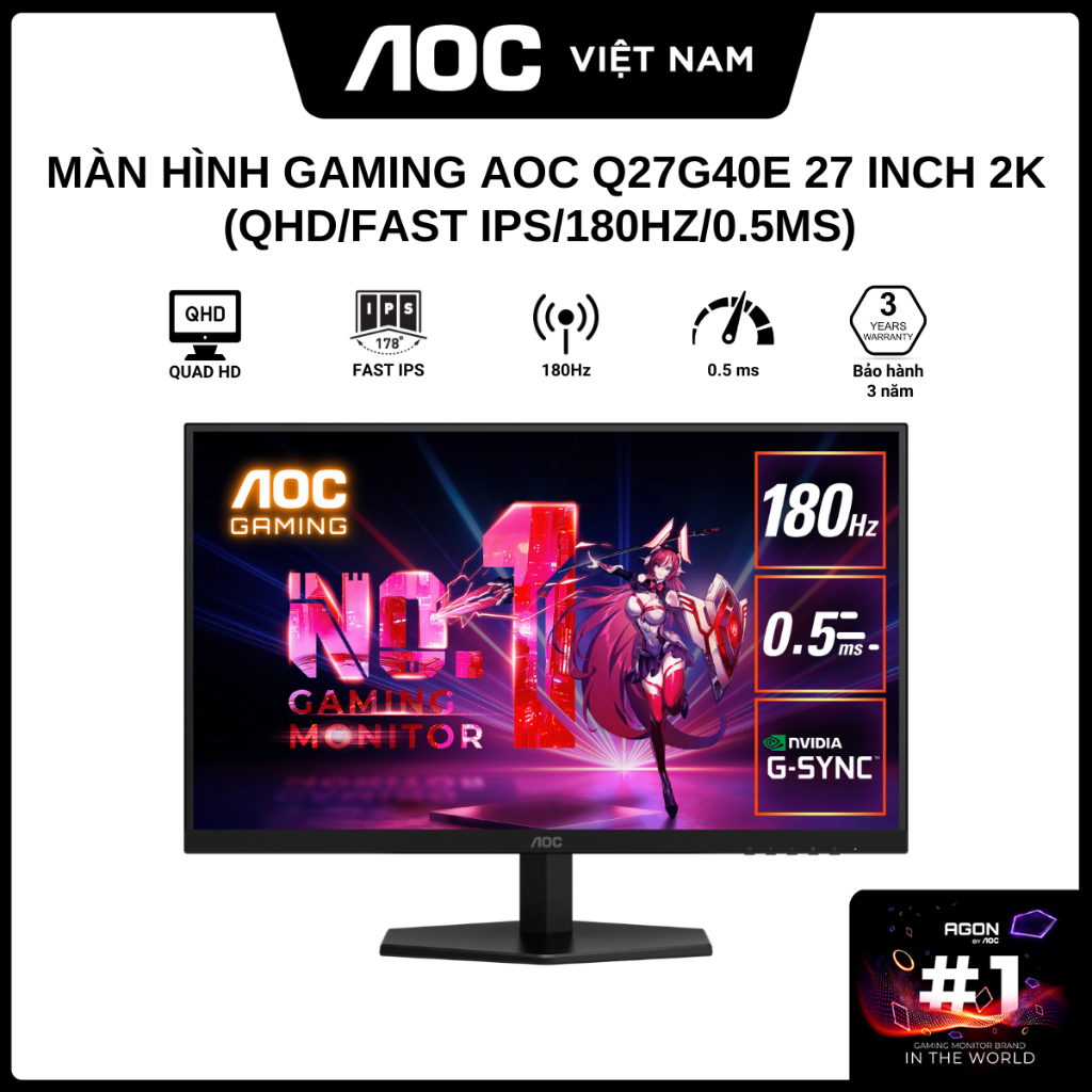 Màn Hình Gaming AOC Q27G40E | Q27G40HE 200Hz 0.3ms - 27 inch 2k (QHD/Fast IPS/180hz/0.5ms) - Hàng Chính Hãng | BigBuy360 - bigbuy360.vn