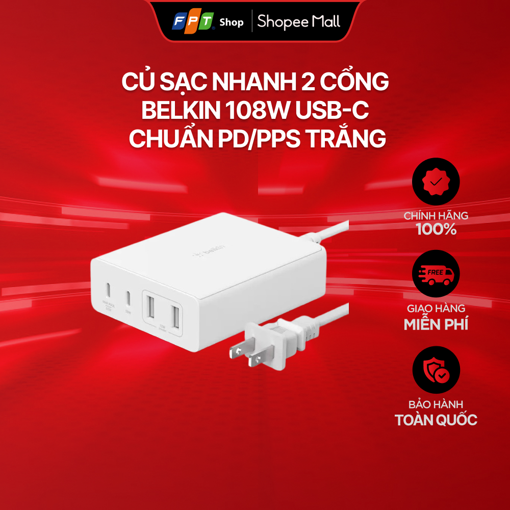 Củ sạc nhanh 2 cổng Belkin 108W USB-C chuẩn PD/PPS Trắng