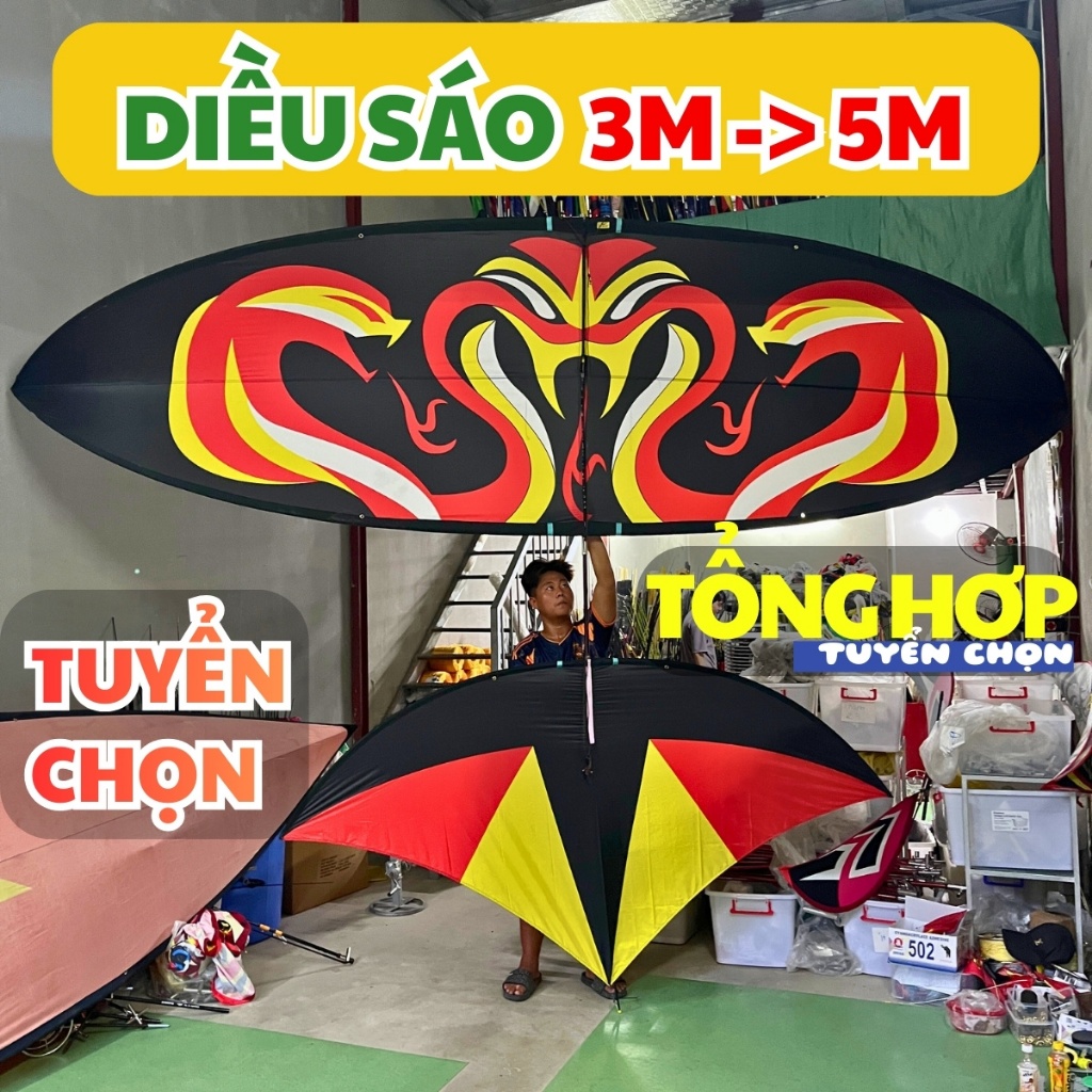 Diều sáo Vivu 3m -> 5m TUYỂN CHỌN – áo in nhiệt – khung cacbon lắp ghép