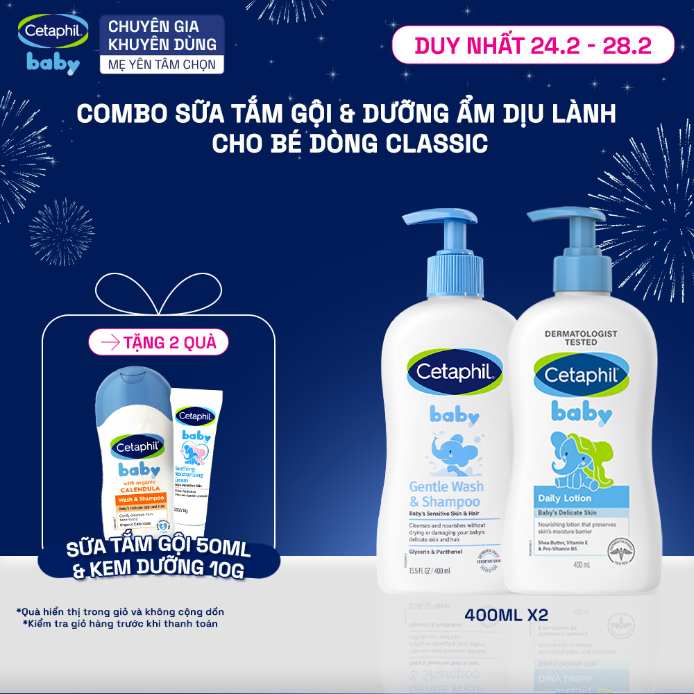 Combo Sữa tắm gội Cetaphil Baby Gentle Wash&Shampoo + Sữa dưỡng ẩm Cetaphil Baby Lotion 400ml/ chai