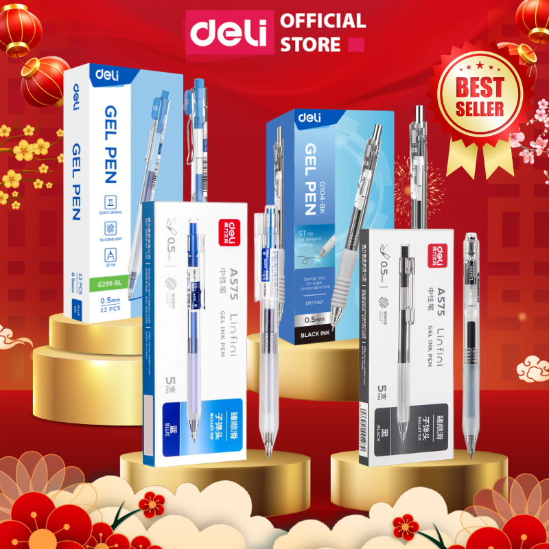 Nguyên hộp 5 chiếc A575 Bút Gel Ngòi 0.5mm Dung Tích Lớn Deli A575, A057B, S60, S101 Màu Xanh Đen Đỏ