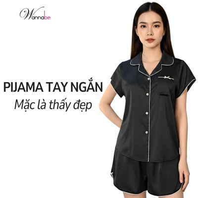 Đồ ngủ nữ pajama mặc nhà WANNABE bộ ngủ cộc tay quần đùi vải lụa trẻ trung có thể mặc ra ngoài BS99P