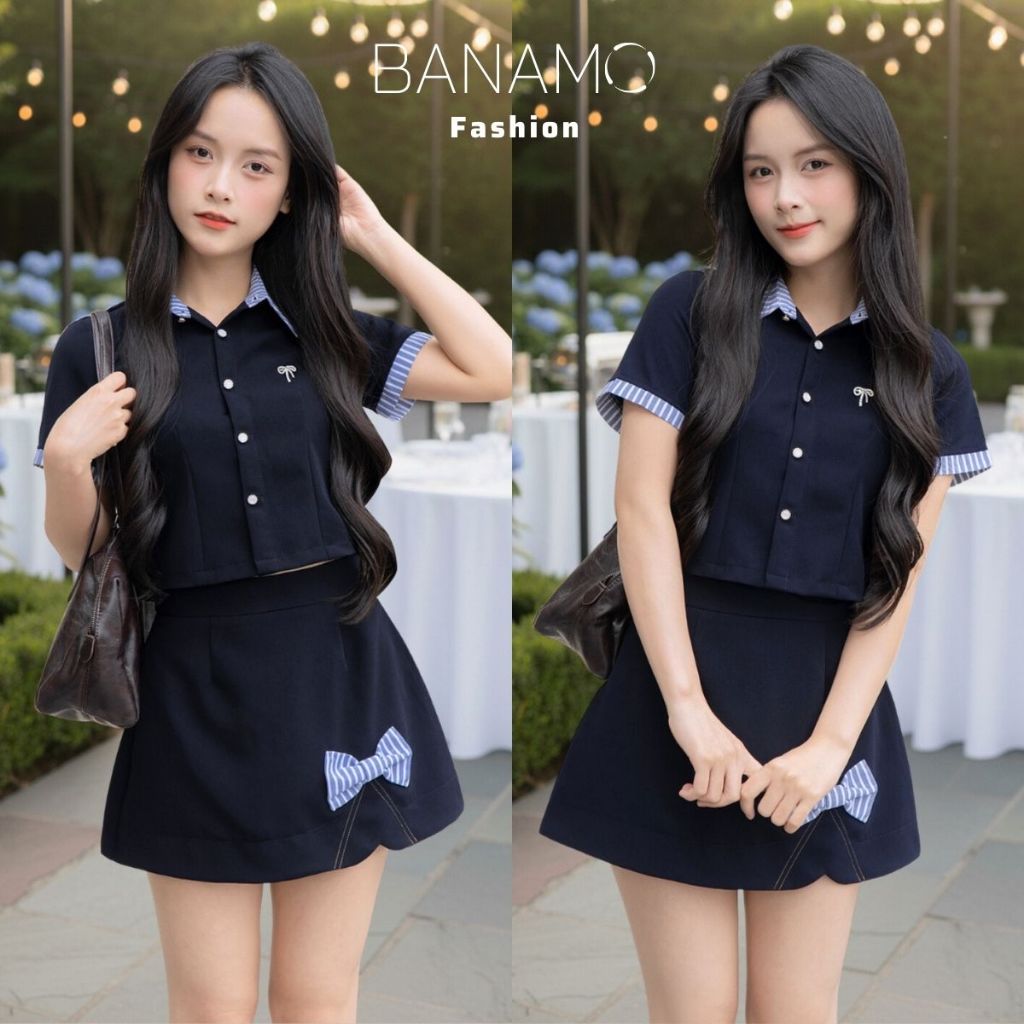 Set đồ nữ BIGSIZE Banamo áo sơ mi dài tay phối cổ kẻ sọc xanh mix chân váy chữ A đính nơ dáng xoè Hàn Quốc 1900 | BigBuy360 - bigbuy360.vn