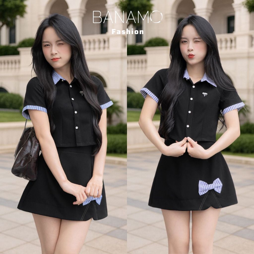 Set đồ nữ BIGSIZE Banamo áo sơ mi dài tay phối cổ kẻ sọc xanh mix chân váy chữ A đính nơ dáng xoè Hàn Quốc 1900 | BigBuy360 - bigbuy360.vn