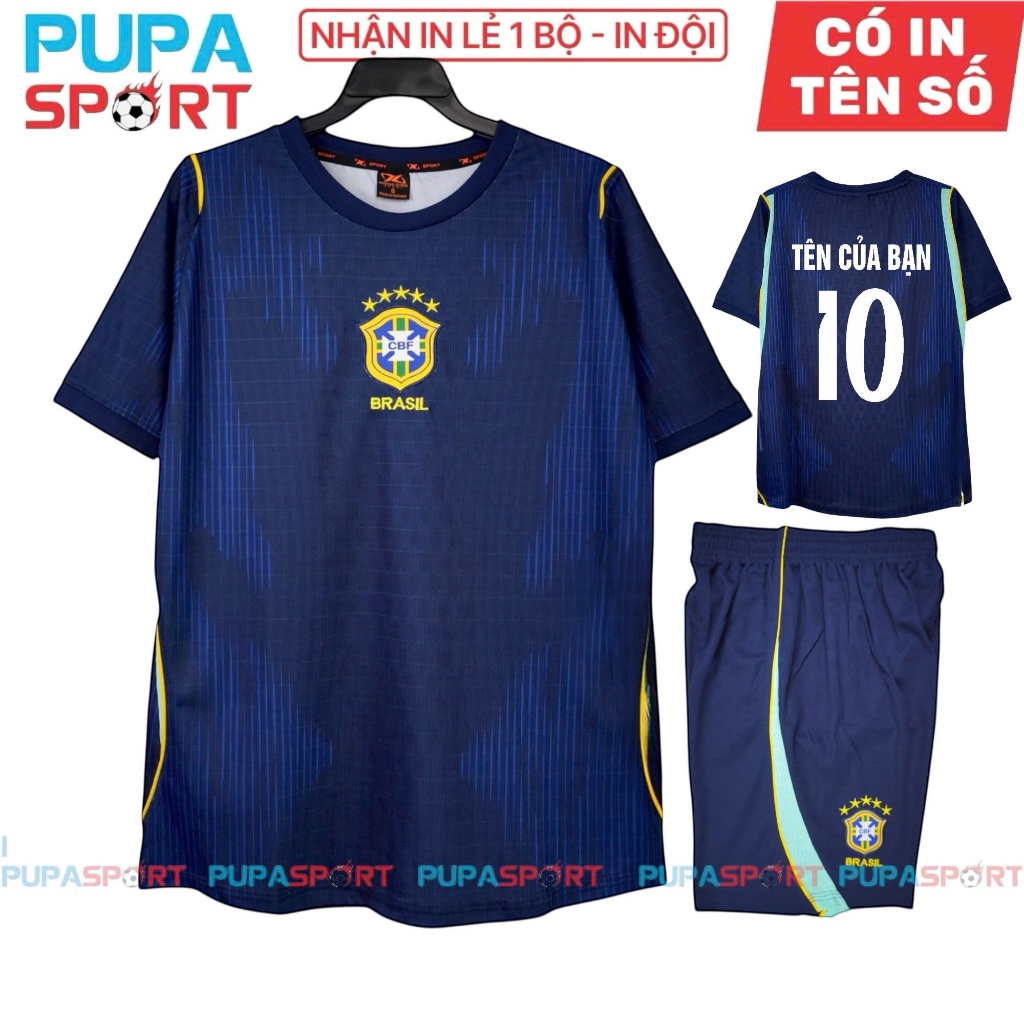 Bộ Đồ Đá Banh Hd, Tuyển Brazil Sân Khách Wc 2026 - Xanh Đen, Vải Mè Cho Nam Nữ, Có In Tên Unisex Top