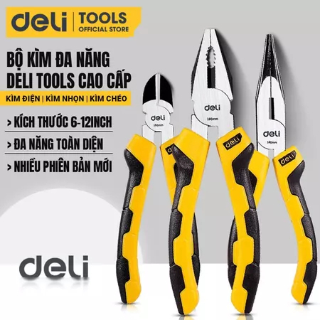 Bộ 3 Kìm Đa Năng Deli Tools Thép CR-V Chống Mòn Gỉ- Kìm Cắt Dây Điện, Kìm Mũi Nhọn, Kìm Kẹp Cắt Thép