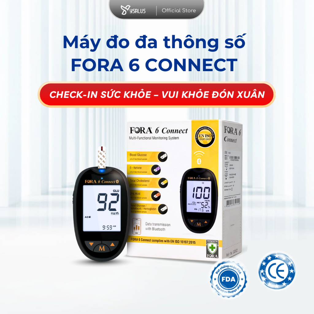[YSALUS] Máy Đo Đường Huyết FORA 6 Connect, Hỗ Trợ Theo Dõi Chỉ Số (Uric, Mỡ Máu, Ketone, Hồng Cầu)