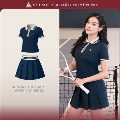 Bộ đồ Pickleball, cầu lông, tennis nữ Fitme CÉ áo thun Polo Navy cổ be, chân váy xếp ly Navy kèm quần bảo hộ VTNN01