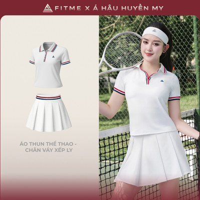 Bộ đồ Pickleball, cầu lông, tennis nữ Fitme CÉ áo thun Polo trắng, chân váy xếp ly trắng kèm quần bảo hộ