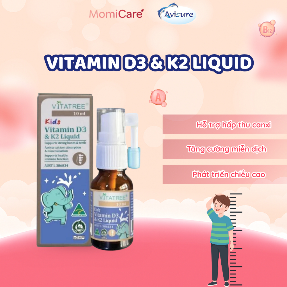 Vitatree Kids Vitamin D3K2 Liquid Spray Cho Bé – Bổ Sung Vitamin D3 & K2, Hỗ Trợ Hấp Thu Canxi, Phát