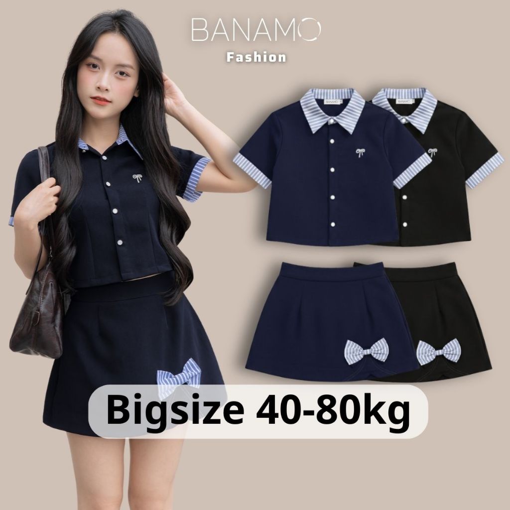 Set đồ nữ BIGSIZE Banamo áo sơ mi cộc tay phối cổ kẻ sọc xanh mix chân váy chữ A đính nơ dáng xoè Hàn Quốc 199 | BigBuy360 - bigbuy360.vn