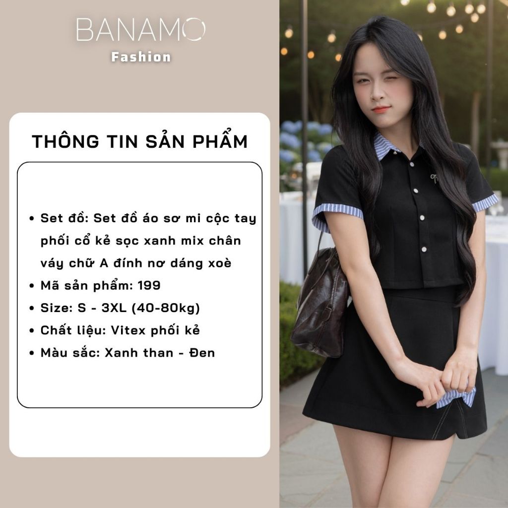 Set đồ nữ BIGSIZE Banamo áo sơ mi cộc tay phối cổ kẻ sọc xanh mix chân váy chữ A đính nơ dáng xoè Hàn Quốc 199 | BigBuy360 - bigbuy360.vn
