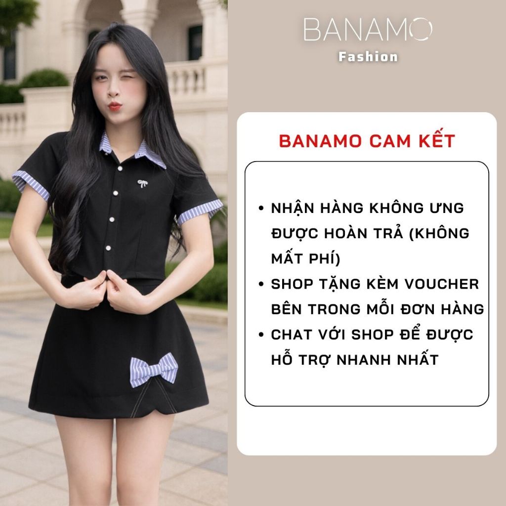 Set đồ nữ BIGSIZE Banamo áo sơ mi cộc tay phối cổ kẻ sọc xanh mix chân váy chữ A đính nơ dáng xoè Hàn Quốc 199 | BigBuy360 - bigbuy360.vn