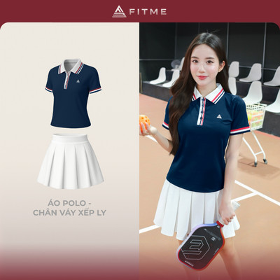 Bộ đồ Pickleball, cầu lông, tennis nữ Fitme CE áo thun Polo Navy sọc đỏ, chân váy xếp ly trắng kèm quần bảo hộ