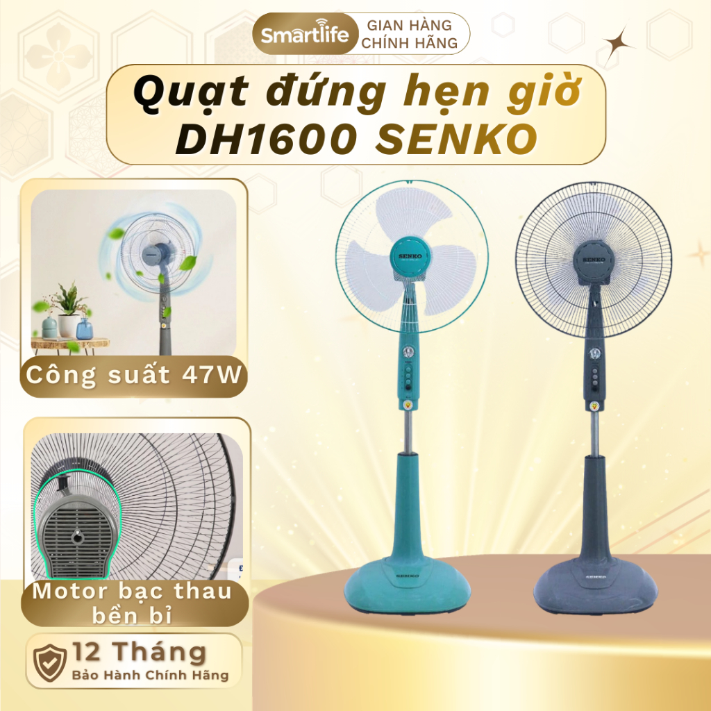 Quạt đứng hẹn giờ DH1600  SENKO công suất 47W, động cơ bạc thau bền bỉ, với 3 mức độ gió tùy chỉnh k