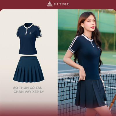 Bộ đồ Pickleball, cầu lông, tennis nữ Fitme CE áo thun cổ tàu, chân váy xếp ly navy kèm quần bảo hộ