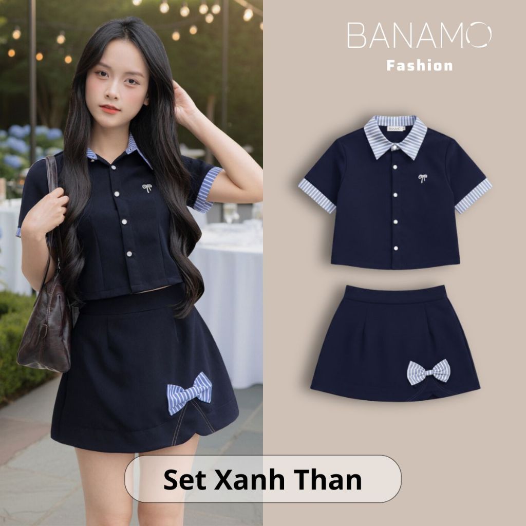 Set đồ nữ BIGSIZE Banamo áo sơ mi cộc tay phối cổ kẻ sọc xanh mix chân váy chữ A đính nơ dáng xoè Hàn Quốc 199 | BigBuy360 - bigbuy360.vn