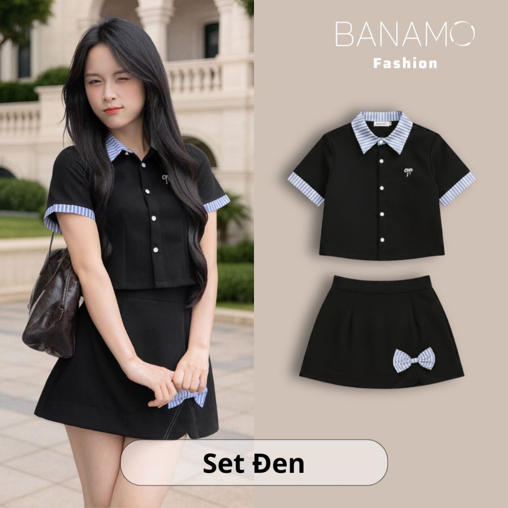 Set đồ nữ BIGSIZE Banamo áo sơ mi cộc tay phối cổ kẻ sọc xanh mix chân váy chữ A đính nơ dáng xoè Hàn Quốc 199 | BigBuy360 - bigbuy360.vn
