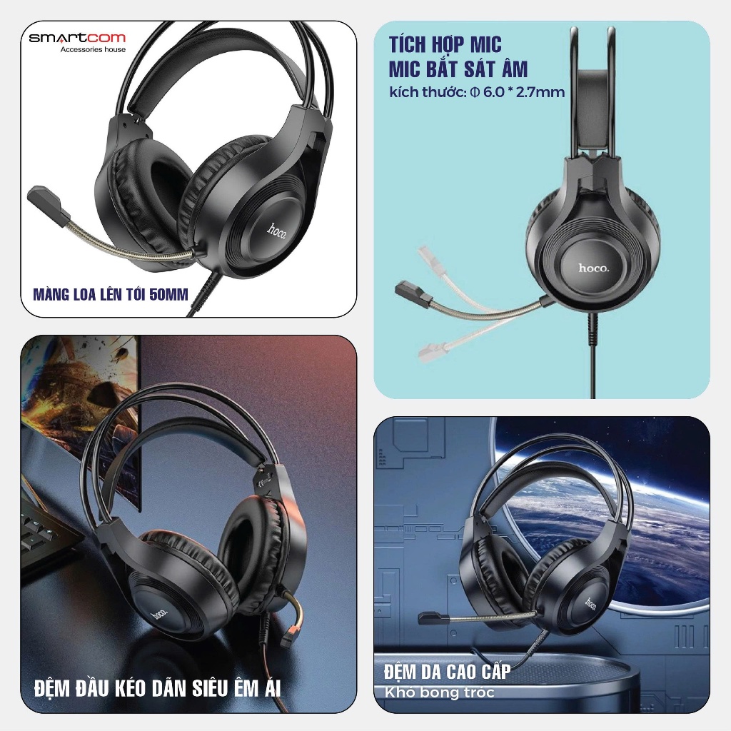 Tai nghe GAMING chụp tai cao cấp Hoco W106 có mic đàm thoại, tích hợp dây cắm máy tính - Bảo hành 12 tháng | BigBuy360 - bigbuy360.vn