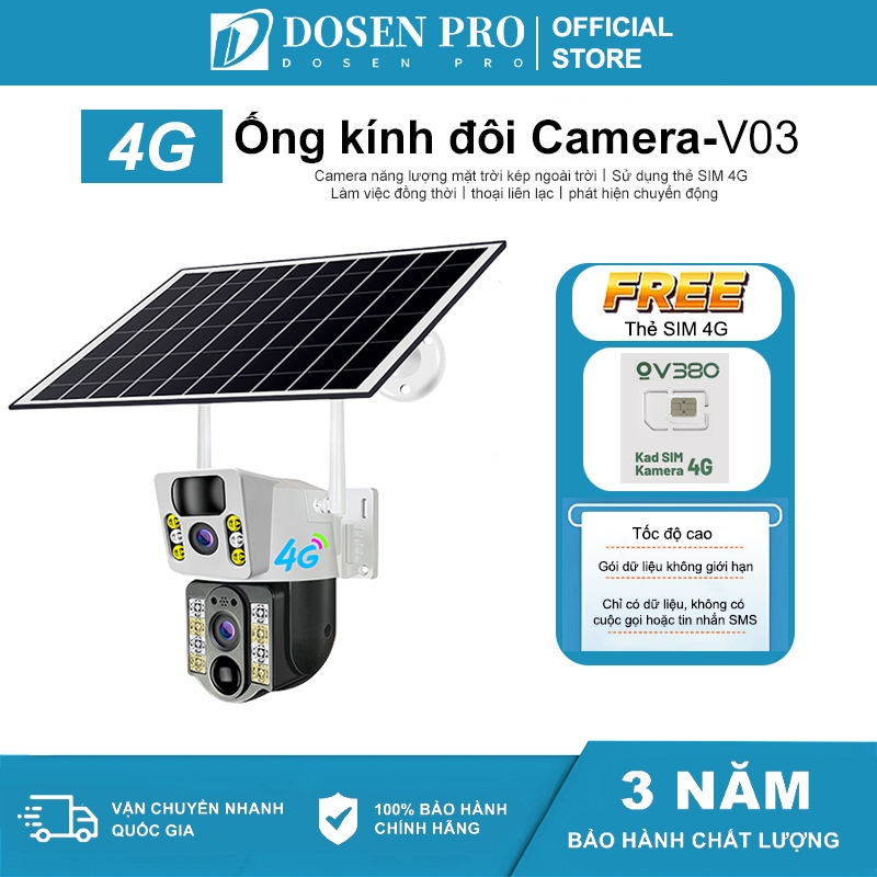 Solar giám sát Camera 2 mắt 4G WiFi 360 độ Dosen PRO 1080P HD IP Không thấm nước ngoài trời Ứng dụng V380 Pro